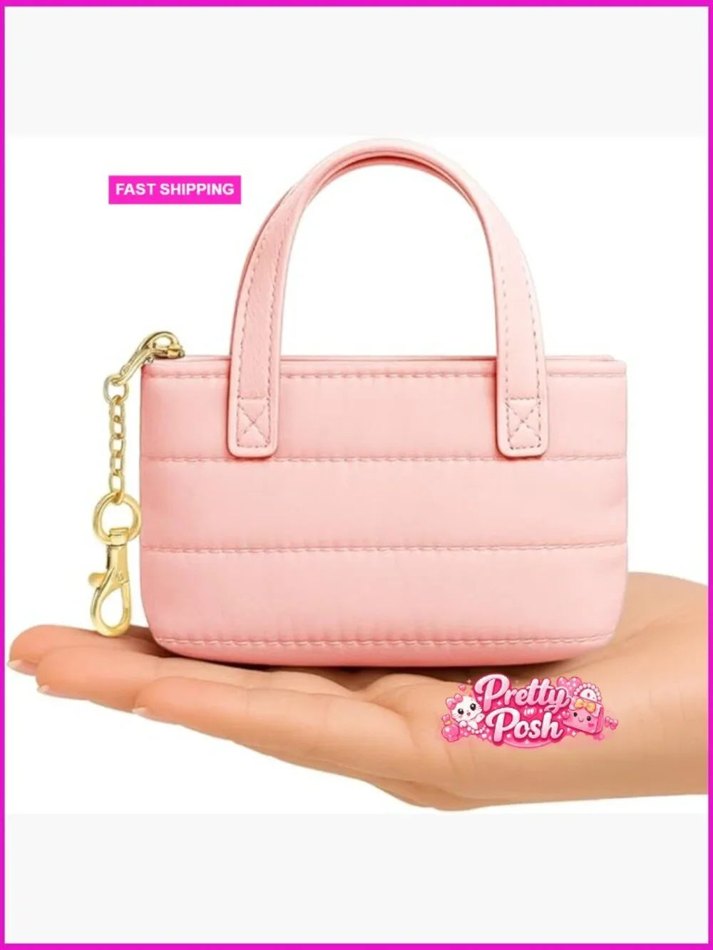 Mini Puffer Tote Bag Keychain with Gold Heart Charm, Quilted Polyester